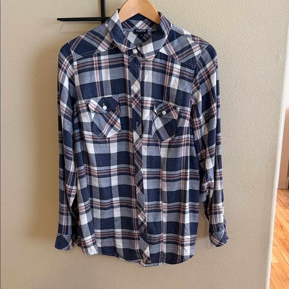 torrid Navy, Cream & Pink Plaid Button-Down Shirt
